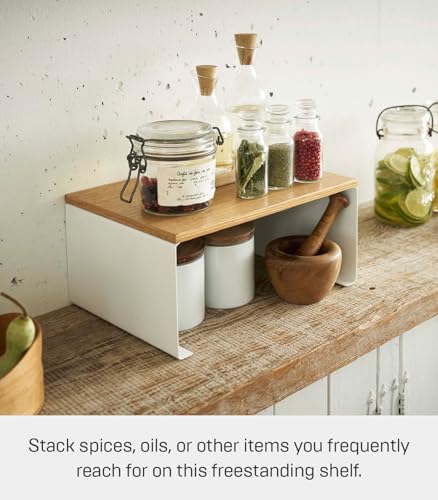 YAMAZAKI Home Tosca Wood-Top Stackable Kitchen Rack - Modern Counter Shelf Organizer - Large - Steel + Wood - Stack Up to Two - size: Large