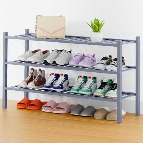Smiry Bamboo Shoe Rack, 14 Vertical Slats, 3 Tier - 33.7" Wide, Grey | Stackable Free Standing Wooden Shoe Organizer, Wood Shoe Storage Shelf for Closet, Entryway, Thicher Leg - color: Grey, size: 33.66" Wide - 3 Tier - Thicker
