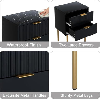 Nightstand,Small Bedside Table with Gold Frame,Black Night Stand,Bedside Furniture,Side Table with 2Drawers for Bedroom,Living Room - color: Black., style: 2Drawers