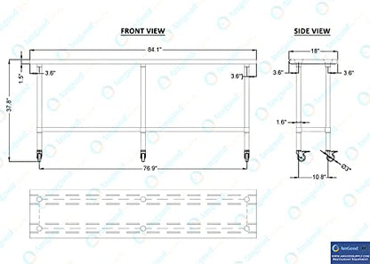 AmGood 84" Long x 18" Deep Stainless Steel Table with Casters - size: 84" Long x 18" Deep