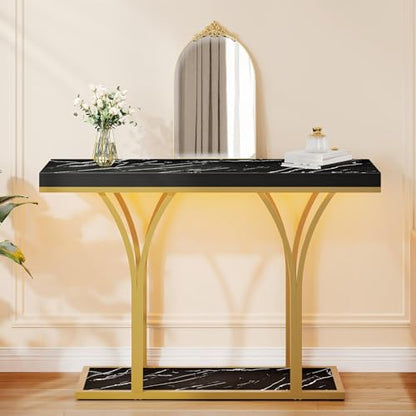 DWVO Gold LED Lit Modern 39-Inch Wide Console Table - Narrow Marble Top Foyer Furniture for Entryway, Hallway & Living Room Accent (Black)