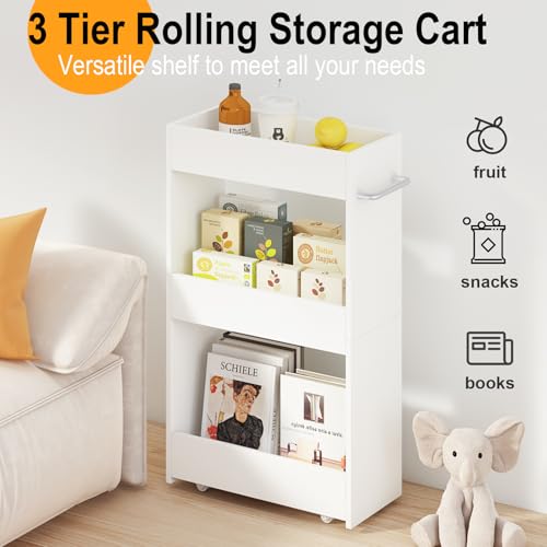 MARTY Slim Rolling Storage Cart 7.9" W Laundry Cart with Wheels,Wood, White | Narrow Utility Cart Between Washer and Dryer, 3 Tier Mobile Shelving Unit for Kitchen, Laundry, Bathroom, Office, Living Room - color: White