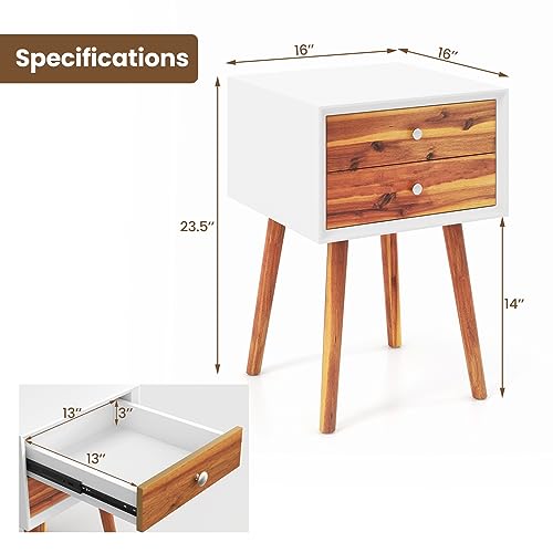 GOFLAME Nightstand with 2 Drawers, Small Wooden Side Table, Mid Century Modern Bedside Table with Storage, Compact End Table for Bedroom, Easy Assembly, White & Natural - color: White & Natural
