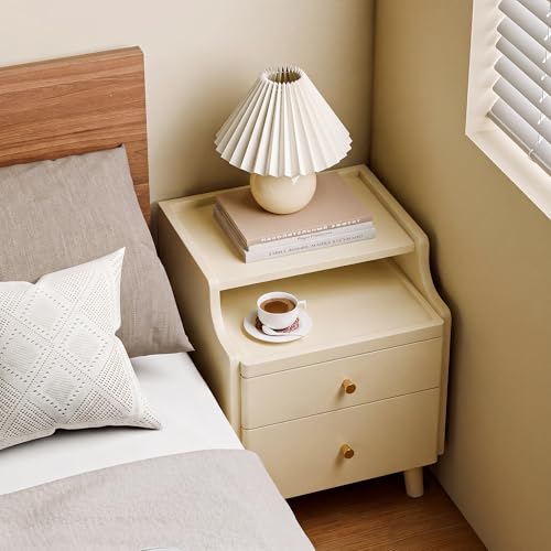 Nightstand Set of 2, Pre-Assembled, 19.7“H Solid Wood Night Stand with 2 Drawers, Open Sliding Shelf, Mid Century Modern Small Bedside Table for Bedroom, Cream 16" - color: Cream-2pack, size: 16"