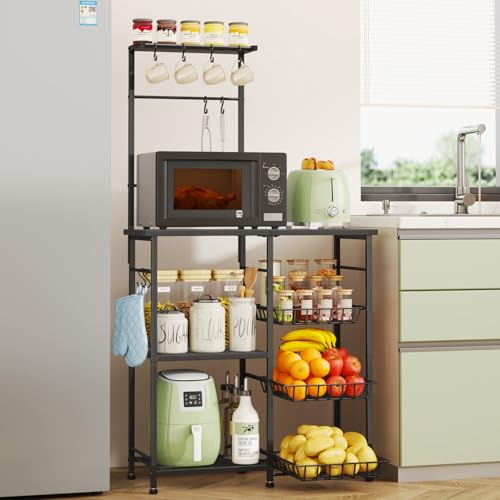 SWTYMIKI Bakers Rack with Storage - Coffee Bar Cabinet with Shelves, Coffee Station Organizer and Kitchen Stand with 8 Hooks, Baskets, Adjustable Feet for Kitchen Dining Room Pantry, Black - color: Black, size: Coffee Station with Basket