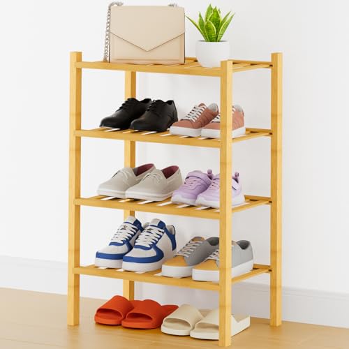 Smiry Small Bamboo Shoe Rack, 4 Tier Free Standing Wooden Shoe Organizer, Stackable Wood Shoe Storage Shelf for Closet, Entryway, 14 Vertical Slats, 2+2 Stack Heavy-Duty Legs, 17.3"x11"x26", Natural - color: Natural, size: 17.32" Wide - 4 Tier - Thicker
