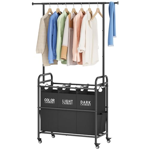 Laundry Sorter with Hanging Bar, 3 Section Laundry Hamper, Black | 39 Gal Laundry Sorter with Hanging Rod and Removable Bags, Divided Laundry Basket Organizer for Bedroom, Bathroom, Home - color: Black, size: 3 bag