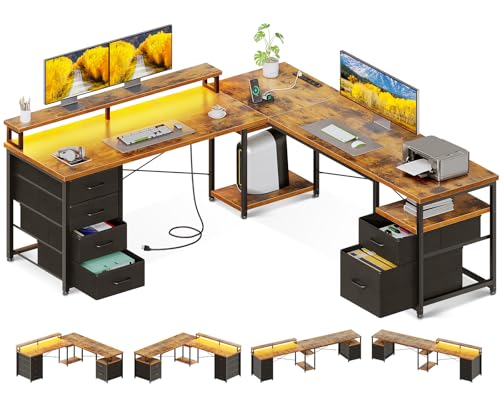 AODK 66" L Shaped Computer Desk, 113“ Reversible Home Office Desk with File Cabinet & 4 Fabric Drawers, Two Person Desk with LED Lights & Power Outlet, Corner Gaming Desk with Monitor Shelf, Vintage - color: Vintage