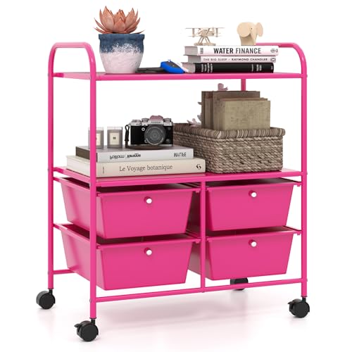 GOFLAME 4-Drawer Rolling Storage Cart with 2 Shelves, Mobile Utility Cart with Removable Drawers and Metal Frame, Art Craft Drawer Cart with Lockable Wheels for Home, Office, School, Studio, Hot Pink - color: Hot Pink