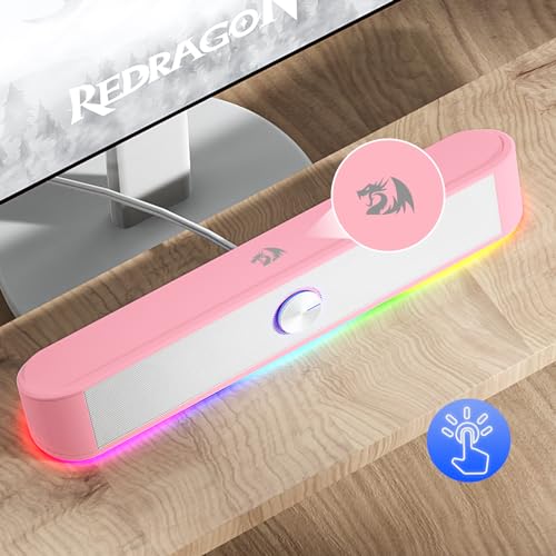 Redragon GS560 RGB Desktop Soundbar, 2.0 Channel Computer Speaker with Dynamic Lighting Bar Audio-Light Sync/Display, Touch-Control Backlit with Volume Knob, USB Powered w/ 3.5mm Cable, Pink - color: Pink