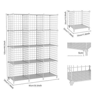 12-Cube Storage Organizer, Metal Wire Cube Shelving Unit, 11.8" L x 11.8" W x 11.8" H, Modular Grid Bookshelf for Closet, Bedroom, Office, White ATTJL12W - color: White