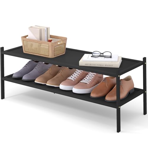 Smiry Bamboo Long Shoe Rack, 2 Tier Shoe Organizer for Closet, Black | Stackable Shoe shelf for Entryway, Free Standing Storage for Shoes, Bags & Plants, with Solid Slab Shelves - color: Black, size: 2 Tier-33.86" Wide