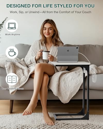 C-Shaped Side Table for Couch - Small Coffee Stand Sofa Tray Desk with Metal Frame Waterproof Scratch Resistant Wood Top and Built-in Charging Station, Greige - color: Greige, size: 1-Pack, style: Includes Power Outlets