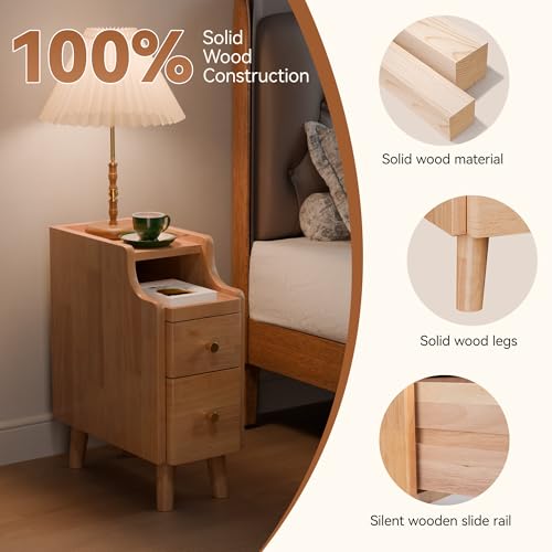 Narrow Nightstand with Drawers, 19.7" H Pre-Assembled Solid Wood Small Skinny Night Stand with Open Sliding Shelf, Mid Century Modern Slim Bedside Table for Bedroom, Natural Oak,8" - color: Oak, size: 8"