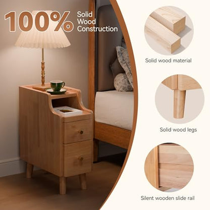 Narrow Nightstand Set of 2, 19.7" H Pre-Assembled Solid Wood Small Skinny Night Stand with Drawers, Open Sliding Shelf, Mid Century Modern Slim Bedside Table for Bedroom, Natural Oak,8" - color: Oak-2pack, size: 8"