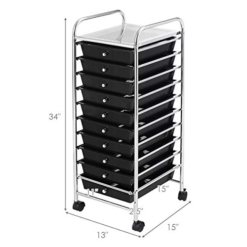BETTARY Office Rolling Storage Cart with 10 Drawer, Scrapbook Paper Office School Organizer with Lockable Casters, Multipurpose Mobile Storage Cart for Supermarket, School, Office, Home (Black)
