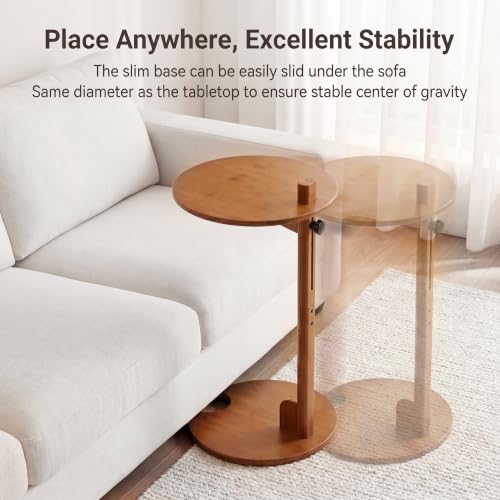 Bamboo Side Table for Sofa - Adjustable Height C Shaped End Tables for Small Spaces, Couch, Bedside, Living Room, 12.6x12.6x26 Inch TV Tray Round Stand for Drink, Snack, Coffee (Walnut) - color: Walnut Brown