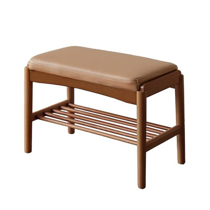 Solid Wood Shoe Bench, 24 Inch Entryway Bench with Brown Leather Cushion | Premium brown leather cushion paired with walnut wood finish adds refined texture and mid century style. - color: Walnut + Brown Leather Cushion, size: 23.62"
