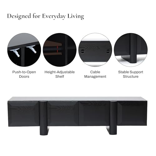 LuxenHome 63" Black TV Stand for Living Room, Modern Media Console Cabinet | Fits for TVs up to 65", Low-Profile TV Entertainment Center with Storage, Geometric Door Fronts