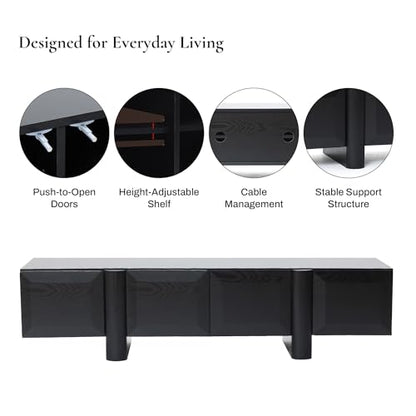 LuxenHome 63" Black TV Stand for Living Room, Modern Media Console Cabinet | Fits for TVs up to 65", Low-Profile TV Entertainment Center with Storage, Geometric Door Fronts