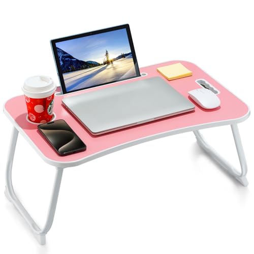 ZEAPTAC Laptop Bed Desk, Foldable Lap Desk, Portable Lap Table, Laptop Stand with Cup Holder, Tablet Slot & Lifting Handle for Work, Write, Draw & Eat on Bed, Sofa or Couch - Rose Pink - color: Rose Pink