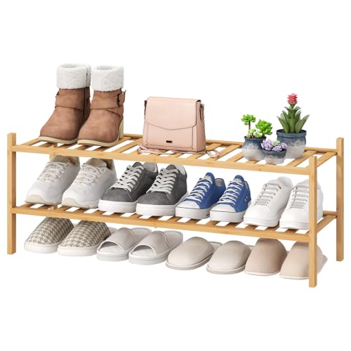 viewcare 2-Tier Long Shoe Rack for Entryway, Black Bamboo Wood Shoe Rack for Closet & Hallway, Long 33IN | Beautiful | Functional | Sturdy | Durable - color: Natural Bamboo, size: 2-Tier Long