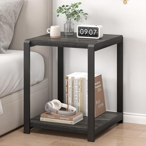 FOLUBAN Modern Side Table, Square End Table with Storage Shelf for Living Room, Rustic Industrial Wood Nightstand for Bedroom, Dark Gray - color: Dark Gray
