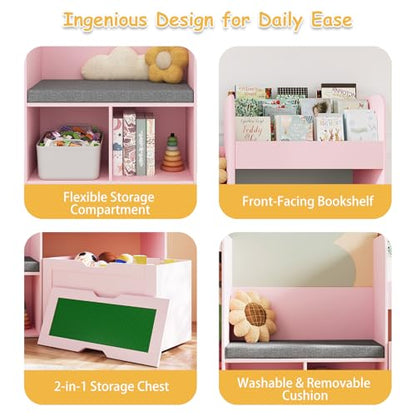 VontinT 68.9"W Kids Toy Storage Reading Nook with Bookshelf & Drawer,Wooden | 3 Tiered Bookshelf, Rolling Box with Building Baseplate Play Lid for Lego, 122L Stuffed Holder, Bench&Cushion for Kids, Pink - color: Pink