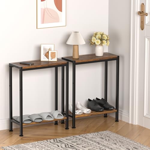 Narrow Side Table for Small Space, 2-Tier Slim End Table, Thin Nightstand, Skinny Snack Couch Table, Sofa Bedside Table in Living Room, Bedroom, Study, Kitchen and Balcony (Rustic Brown) - color: Rustic Brown, size: 2-Tier (7.9''D*17''W*22.8''H)