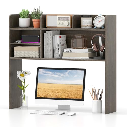 Tangkula Desktop Bookshelf for Computer Up to 32”, 37” Countertop Storage Hutch with 6 Storage Shelves, 3-Tier Desktop Organizer Display Rack, Wooden Desk Hutch for Dorm Home Office (Grey,6 Shelves) - color: Grey, size: 6 Shelves