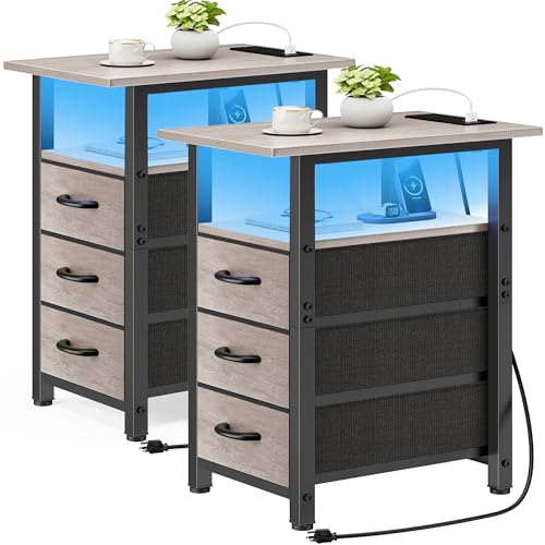 Vagusicc Set of 2 Nightstand with Charging Station and LED Lights, Narrow End Table, LED Night Stand with 3 Fabric Drawers for Bedroom, Small Bedside Table, Narrow Side Table for Small Spaces, Greige - color: Greige, size: 2, style: With Power & LED