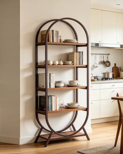 Bookshelf Arched Bookcase, 5 Tier Open Freestanding Display Shelf for Home Office, Living Room, Walnut - color: Walnut, size: 5 Tier Arched
