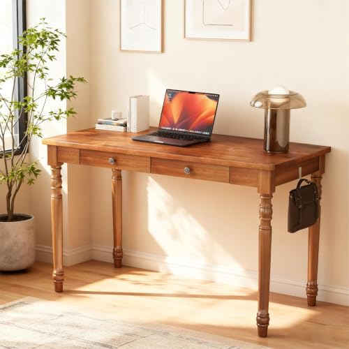 100% Solid Wood Desk 47" Wooden Desk with 2 Drawers | Mid Century Modern Desk, Vintage Boho Writing Desk Computer Table for Home, Office, Bedroom, Living Room - color: Walnut, size: 47.2" x 21.7"
