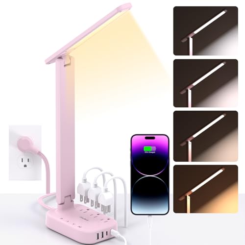 One Beat Small LED Desk Lamp Power Strip 5ft Extension Cord with 3 Outlets 4 USB Ports(2 USB C), 4 Modes, 5 Level Touch Lamp Study Reading Light, Home Office Bedroom College Dorm Room Essentials, Pink - color: Pink, size: 5 Ft