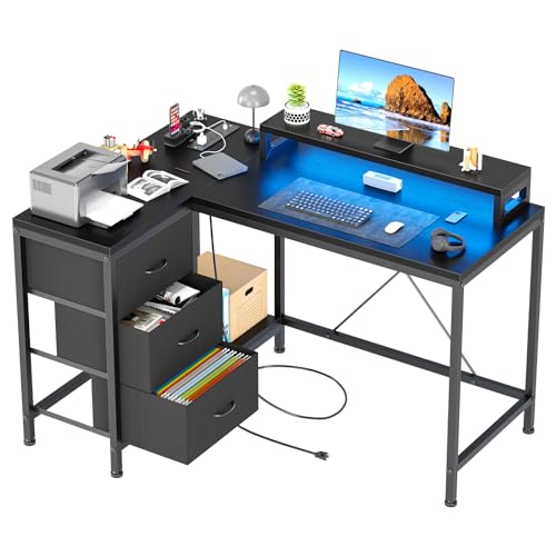 Patikuin L Shaped Desk with Power Outlets & LED Lights, Computer Desk with Drawers & Shelves, Corner Desk Gaming Desk Home Office Desk, Black - color: Black