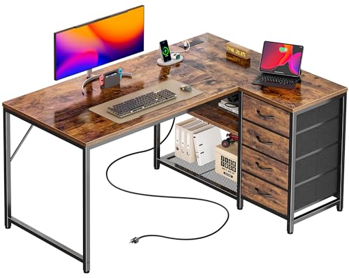 PRAISUN 43.3" Small Computer Desk with Power Outlets & USB-C Port, Reversible L Shaped Corner Office Desk with 4 Fabric Drawers and 2 Adjustable Storage Shelves, for Gaming Writing, Rustic Brown - color: Rustic Brown, size: 43.3 Inch