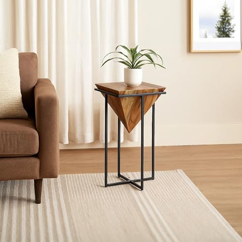 The Urban Port 30 Inch Pyramid Shape Wooden Side Table | Brown Finish, Cross Black Metal Base, Modern Accent End Table, For Living Room, Bedroom, Entryway, Lounge, Home Decor Display - size: 30-Inch
