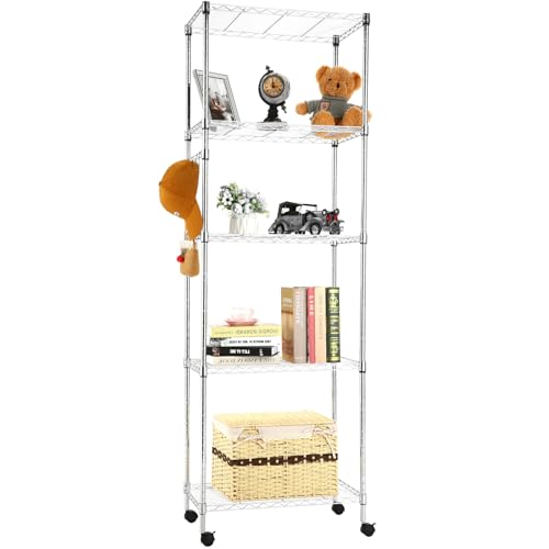 Himimi 5-Tier Storage Shelf Wire Shelving Unit on Wheels Heavy Duty Metal Shelves Adjustable Steel Rack Organization for Kitchen Garage Basement, Silver - color: Silver, size: 13.78"D x 23.23"W x 72.05"H, 5-Tier