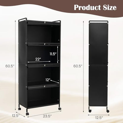 LDAILY 5-Tier Kitchen Storage Cabinet, Mobile Microwave Stand with Metal Frame, Double Anti-toppling Device, 4 Rolling Casters, Freestanding Bakers Rack for Kitchen, Dining Room, Living Room (Black) - color: Black