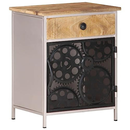 Industrial Bedside Cabinet, Rough Mango Wood with Natural Finish, Silver Iron Frame, 11.8x15.7x19.7 Inches, Storage Drawer & Door, Unique Bicycle Chain Wheel Design