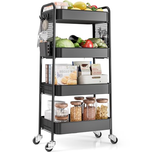 TOOLF 4 Tier Rolling Cart with Pegboard, Metal Storage Organizer Cart with Wheels, Hooks & Bins Esthetician Craft Art Sturdy Storage for Bathroom, Kitchen, Office, Nursery Diaper - color: Black, size: 4-Tier