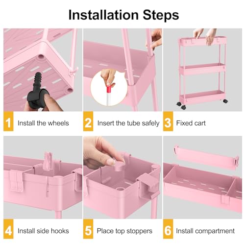 Slim Storage Cart 3 Tier,Bathroom Organizer Rolling Utility,Mobile Shelving Unit Slide Out for Office, Kitchen, Laundry Room & Narrow Places,Pink - color: Pink