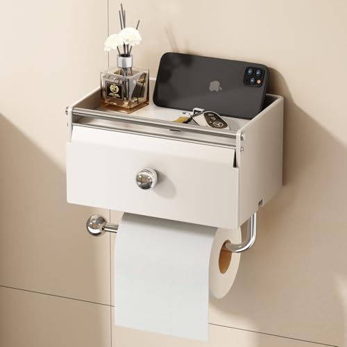 Voldra Toilet Paper Holder with Shelf, Flushable Wipes Dispenser for Bathroom, Adhesive Toilet Paper Roll Holder with Storage Wall Mount Stick On Bathroom Tissue Holder Front Flip Design (Matte White) - color: White, size: Wipes Box