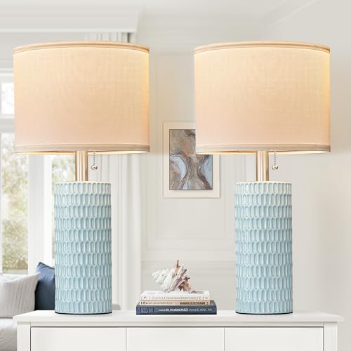 Reaketon Table Lamps for Living Room Set of 2, Ceramic Table Lamps for Bedroom, 20" Modern Lamps for Night Stands, Blue - color: Sky Blue