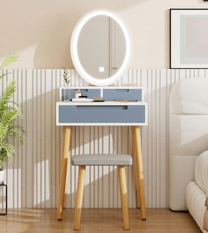 YOURLITE Small Makeup Vanity Desk with Lights, Compact Vanity Desk with Adjustable Brightness Mirror for Small Spaces, Dressing Table with Drawers and Storage Shelves, Grey - size: 24", style: Oval Mirror Grey with shelf