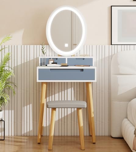 YOURLITE Small Makeup Vanity Desk with Lights, Compact Vanity Desk with Adjustable Brightness Mirror for Small Spaces, Dressing Table with Drawers and Storage Shelves, Grey - size: 24", style: Oval Mirror Grey with shelf