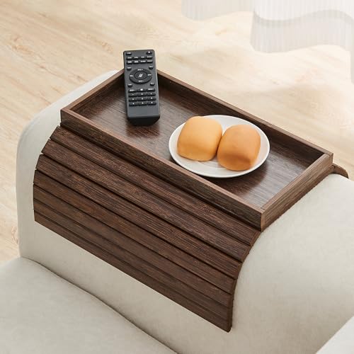 GEHE Bamboo Sofa Arm Tray, Foldable Couch Arm Tray Side Table, Anti-Falling Armrest Tables Cup Holder for Snacks, Drinks, Beers, Phone, Control, Flexible and Portable, Anti-Slip Bottom - color: Brown