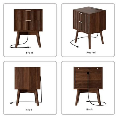 Walnut Fluted Nightstands Set of 2 with Charging & Beveled Edges | 18in Wide, FSC-Certified MDF, Solid Wood Legs, 2 Drawer, Metal Handle, Modern, Bedroom, Night Stand, Bedside Table, End Table - color: Walnut - Beveled Drawer, size: 18"W