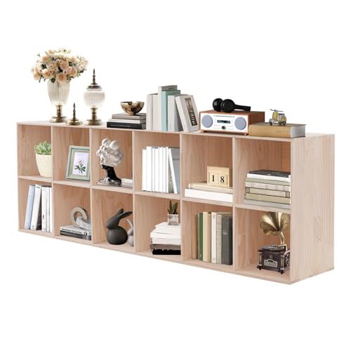 12-Cube Solid Wood Bookshelf, 2-Tier Storage Organizer Semi-Open Floor Display Shelf Closet Cabinet for Home Office Library School, 12" D x 71" W x 24" H - size: 12-Cube, 12"D x 71"W x 24"H