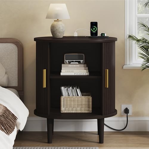 DHH Mid Century Modern Nightstand with Charging Station, Fluted Accent Side Table with Sliding Door & Adjustable Shelf, End Table for Small Space, Living Room, Bedroom,Sofa Couch(1, Dark Walnut) - color: Dark Walnut